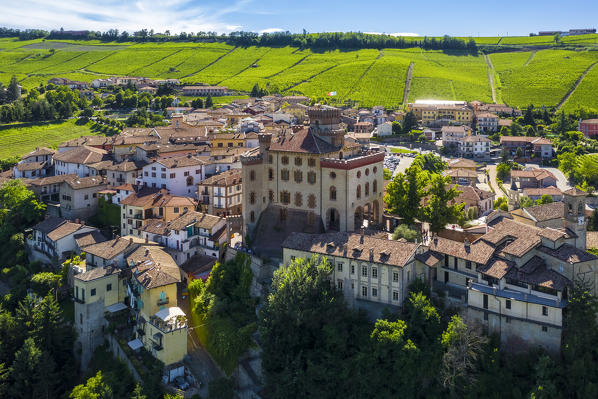 Aerial view of the typical town of Barolo and its castle Castello Falletti. Barolo, Barolo wine region, Langhe, Piedmont, Italy, Europe.