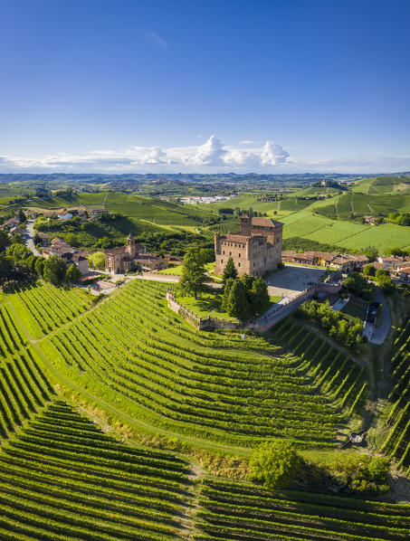 Aerial view of the medieval Castello di Grinzane Cavour. Grinzane Cavour, Langhe, Piedmont, Italy, Europe.