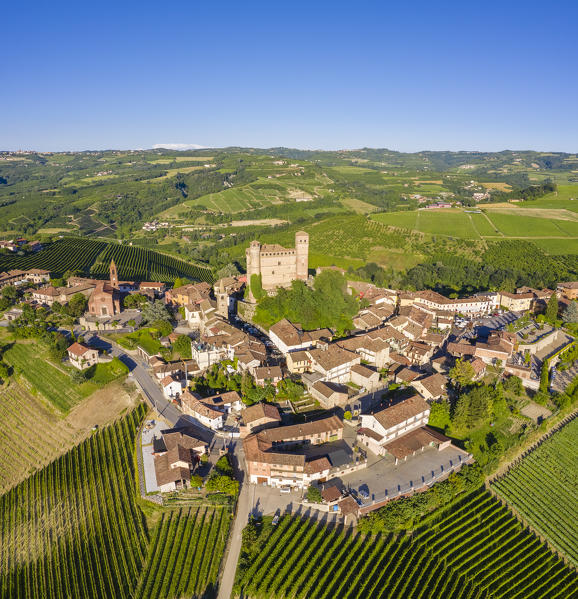 Aerial view of the medieval town of Serralunga d'Alba and its castle. Serralunga d'Alba, Langhe, Piedmont, Italy, Europe.