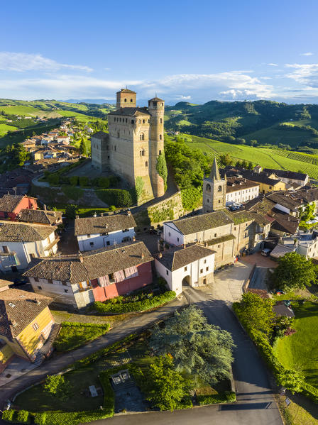 Aerial view of the medieval town of Serralunga d'Alba and its castle. Serralunga d'Alba, Langhe, Piedmont, Italy, Europe.