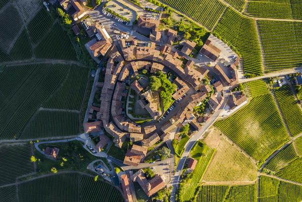 Bird's eye view of the medieval town of Serralunga d'Alba and its castle. Serralunga d'Alba, Langhe, Piedmont, Italy, Europe.