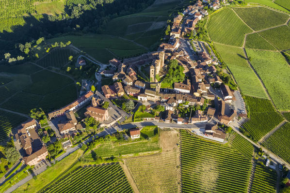 Bird's eye view of the medieval town of Serralunga d'Alba and its castle. Serralunga d'Alba, Langhe, Piedmont, Italy, Europe.