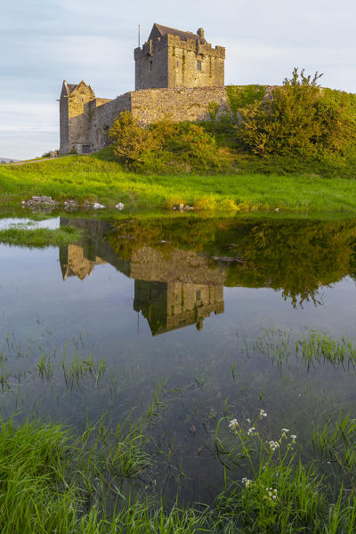 Sunrise at the Dunguaire Castle reflected in its moat. County Galway, Connacht province, Ireland, Europe.