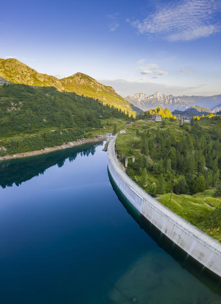 Aerial view of Laghi Gemelli, the dam and it's refuge. Branzi, Val Brembana, Alpi Orobie, Bergamo, Bergamo Province, Lombardy, Italy, Europe.