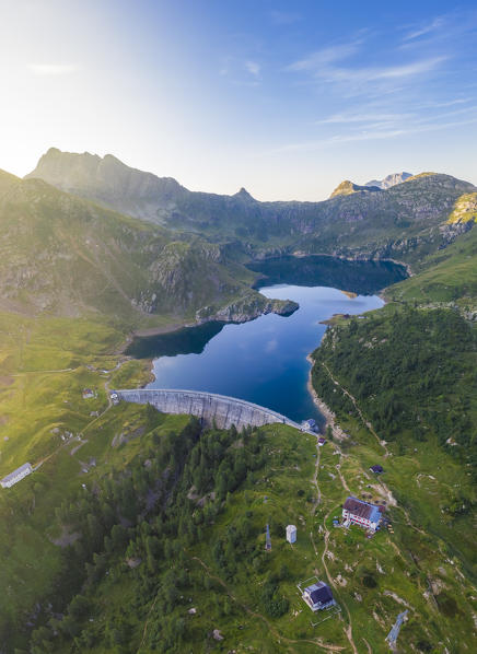 Aerial view of Laghi Gemelli, the dam and it's refuge. Branzi, Val Brembana, Alpi Orobie, Bergamo, Bergamo Province, Lombardy, Italy, Europe.