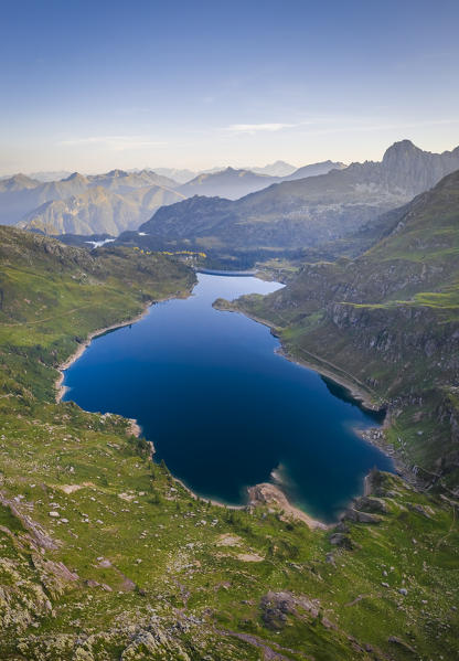Aerial view of the Laghi Gemelli lake from the Laghi Gemelli pass. Branzi, Val Brembana, Alpi Orobie, Bergamo, Bergamo Province, Lombardy, Italy, Europe.