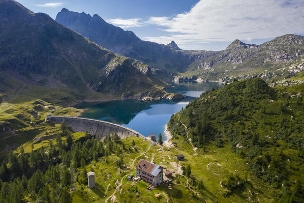 Aerial view of Laghi Gemelli, the dam and it's refuge. Branzi, Val Brembana, Alpi Orobie, Bergamo, Bergamo Province, Lombardy, Italy, Europe.