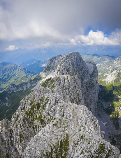 Aerial panorama of the Presolana mountain from above in summer. Val Seriana, Bergamo district, Lombardy, Italy, Southern Europe.