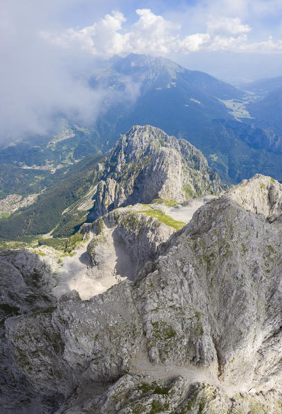 Aerial panorama of the Presolana mountain from above in summer. Val Seriana, Bergamo district, Lombardy, Italy, Southern Europe.