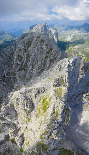 Aerial panorama of the Presolana mountain from above in summer. Val Seriana, Bergamo district, Lombardy, Italy, Southern Europe.