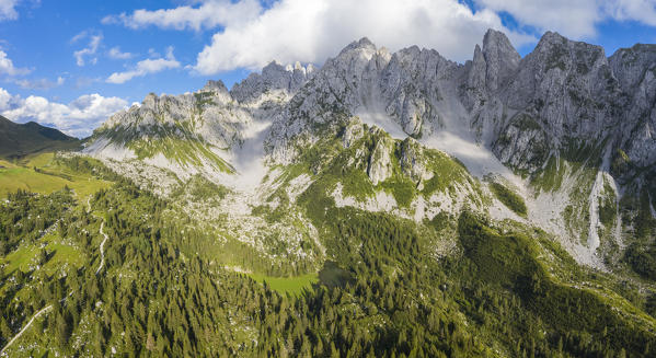 Aerial view of the Campelli di Schilpario, Campelli Lake and the Cimone della Bagozza during summer time. Schilpario, Val di Scalve, Bergamo district, Lombardy, Italy, Southern Europe.