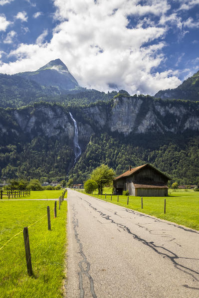 View of the huge jump of the Oltschibach waterfalls. Meiringen, Bernese Oberland, Canton of Bern, Switzerland, Europe.