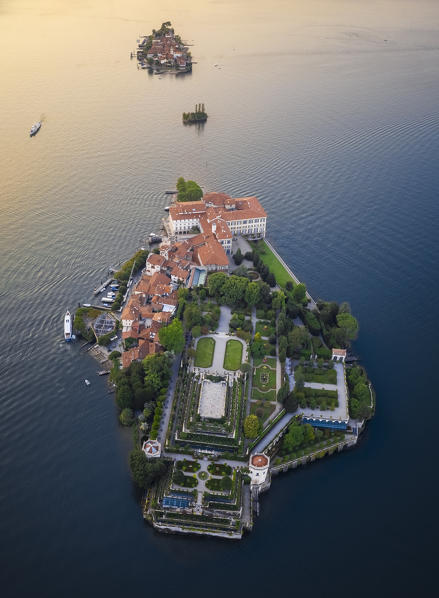 Aerial view of the Borromean Islands during a summer sunset. Stresa, Lago Maggiore, Verbano Cusio Ossola district, Piedmont, Italy.