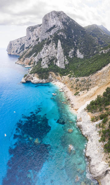 Aerial view of most beautiful beach of Sardinia, Cala Goloritzé, Orosei gulf, Nuoro district, Ogliastra, Sardinia, Italy. 