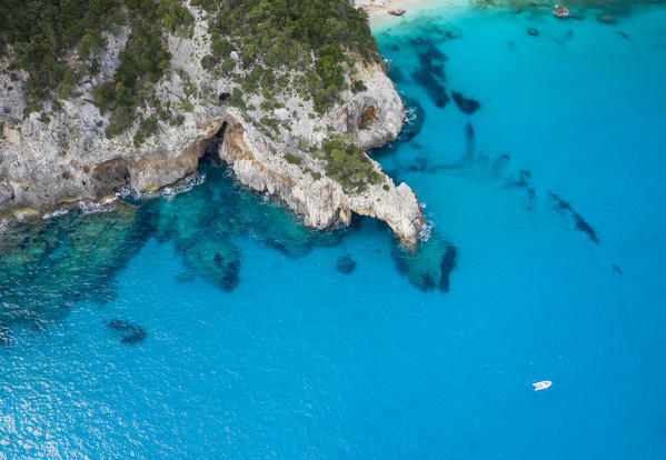 Aerial view of most beautiful beach of Sardinia, Cala Goloritzé, Orosei gulf, Nuoro district, Ogliastra, Sardinia, Italy. 