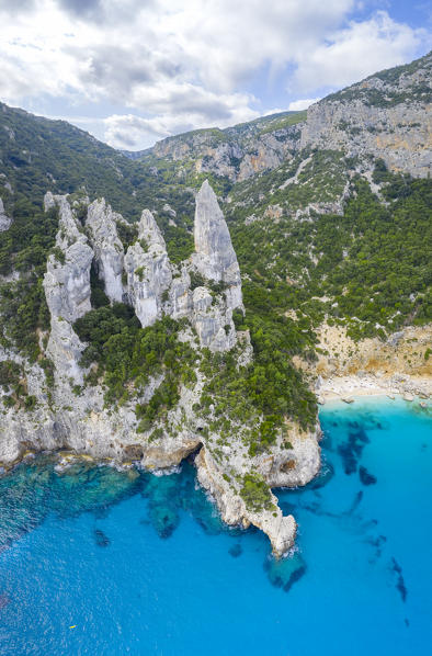 Aerial view of most beautiful beach of Sardinia, Cala Goloritzé, Orosei gulf, Nuoro district, Ogliastra, Sardinia, Italy. 