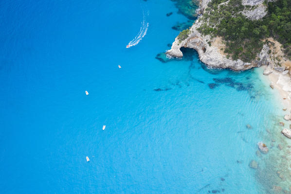 Aerial view of most beautiful beach of Sardinia, Cala Goloritzé, Orosei gulf, Nuoro district, Ogliastra, Sardinia, Italy. 