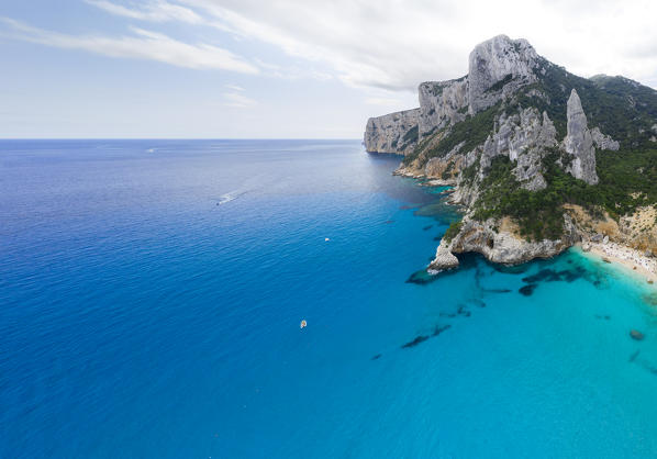 Aerial view of most beautiful beach of Sardinia, Cala Goloritzé, Orosei gulf, Nuoro district, Ogliastra, Sardinia, Italy. 