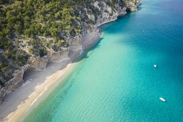 Aerial view of the amazing beach and caves of Cala Luna, Orosei gulf, Nuoro district, Ogliastra, Sardinia, Italy. 