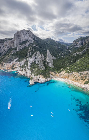 Aerial view of most beautiful beach of Sardinia, Cala Goloritzé, Orosei gulf, Nuoro district, Ogliastra, Sardinia, Italy. 