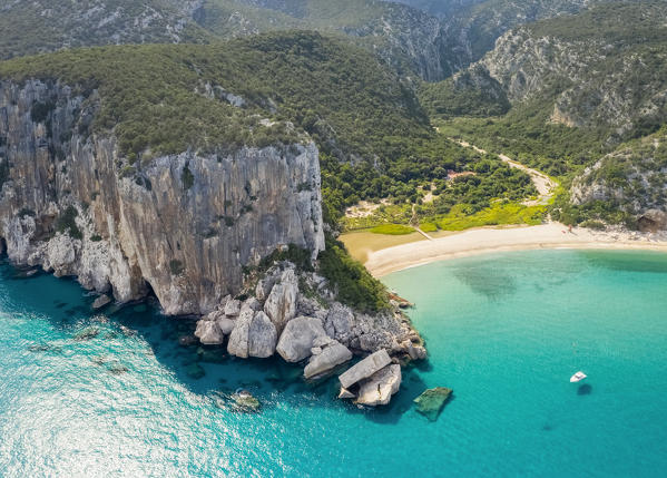 Aerial view of the amazing beach of Cala Luna and the mouth of the river Codula di Luna, Orosei gulf, Nuoro district, Ogliastra, Sardinia, Italy. 