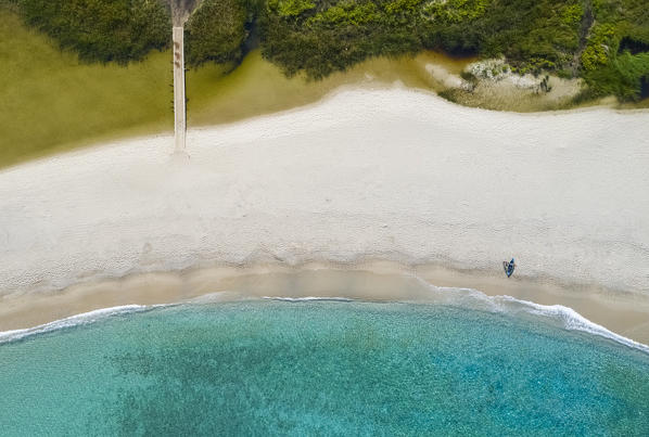 Aerial view of the amazing beach of Cala Luna and the mouth of the river Codula di Luna, Orosei gulf, Nuoro district, Ogliastra, Sardinia, Italy. 