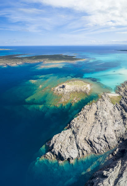 Aerial view of the small island and the medieval tower of La Pelosa and Isola Piana, Stintino, Asinara Gulf, Sassari district, Sardinia, Italy.
