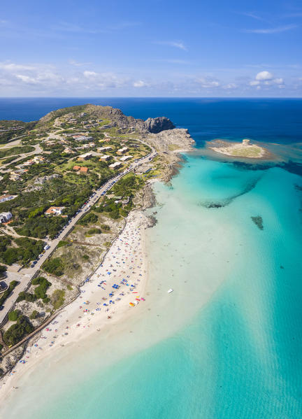 Aerial view of Stintino with La Pelosa and la Pelosetta beach and Capo Falcone. Stintino, Asinara Gulf, Sassari, Sardinia, Italy.