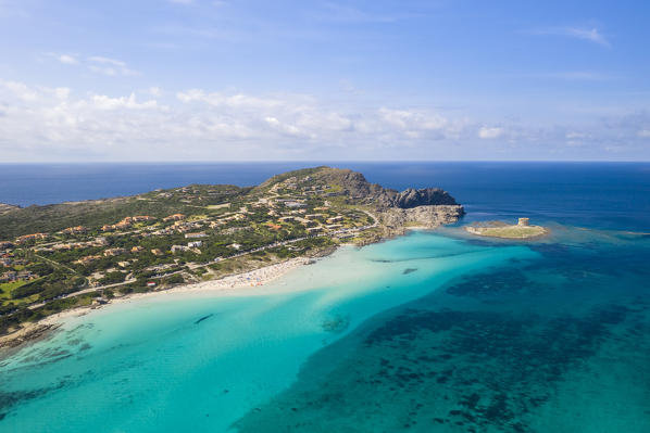 Aerial view of Stintino with La Pelosa and la Pelosetta beach and Capo Falcone. Stintino, Asinara Gulf, Sassari, Sardinia, Italy.
