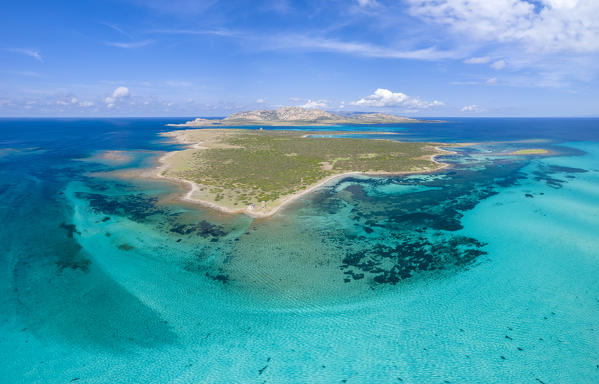 Aerial view of Isola Piana and Asinara Gulf, Stintino, Asinara Gulf, Sassari district, Sardinia, Italy.