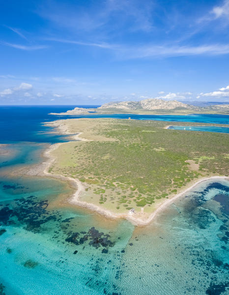 Aerial view of Isola Piana and Asinara Gulf, Stintino, Asinara Gulf, Sassari district, Sardinia, Italy.