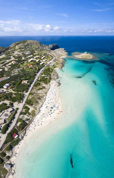Aerial view of Stintino with La Pelosa and la Pelosetta beach and Capo Falcone. Stintino, Asinara Gulf, Sassari, Sardinia, Italy.