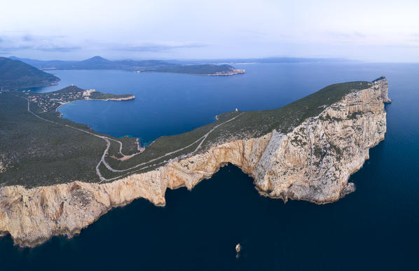 Aerial view of the rocky promontory of Capo Caccia, Alghero,  Sassari district, Sardinia, Italy.