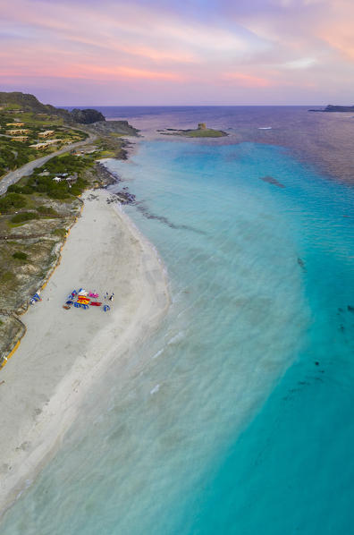 Aerial view of Stintino with La Pelosa and la Pelosetta beach and Capo Falcone. Stintino, Asinara Gulf, Sassari, Sardinia, Italy.