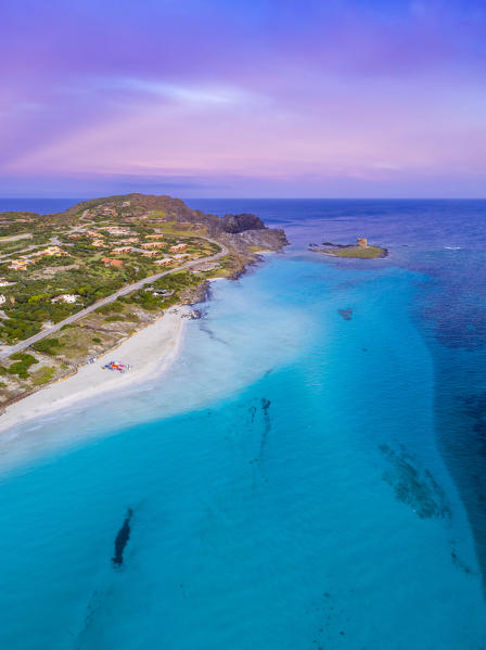 Aerial view of Stintino with La Pelosa and la Pelosetta beach and Capo Falcone. Stintino, Asinara Gulf, Sassari, Sardinia, Italy.
