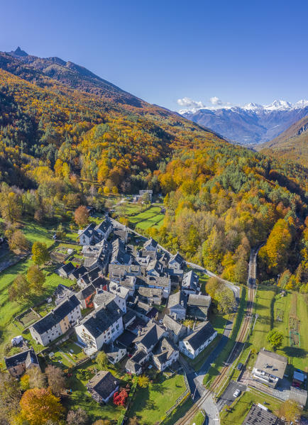 The Vigezzina-Centovalli railway passes near the village of Gagnone-Orcesco in the autumnal colors of foliage. Valle Vigezzo, val d'Ossola, Verbano Cusio Ossola, Piedmont, Italy.