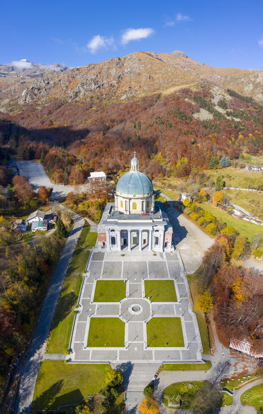 Aerial view of the dome of the upper basilica of the Sanctuary of Oropa in autumn, Biella, Biella district, Piedmont, Italy, Europe.