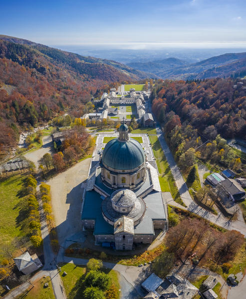 Aerial view of the dome of the upper basilica of the Sanctuary of Oropa in autumn, Biella, Biella district, Piedmont, Italy, Europe.
