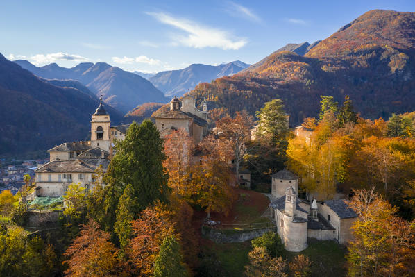 Aerial view of the Sacro Monte of Varallo Sesia, Vercelli district, Piedmont, Italy, Europe.