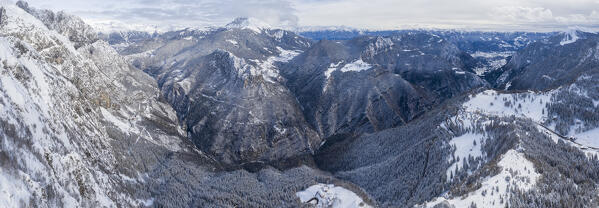 Panoramic aerial view of the Presolana Pass and Scalve valley after a winter snowfall. Presolana pass, Colere, Seriana Valley, Bergamo province, Lombardy, Italy.