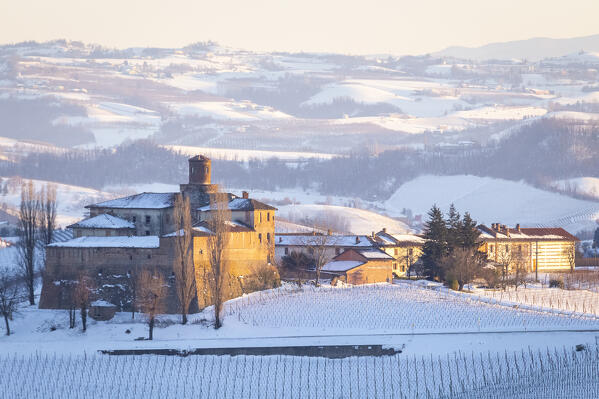 Sunset on the Castello di La Volta in winter. Barolo, Barolo wine region, Langhe, Piedmont, Italy, Europe.