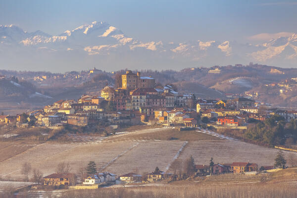 View of the town and castle of Roddi in winter. Langhe, Cuneo district, Piedmont, Italy.