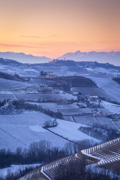 Winter sunset on La Morra village viewed from Serralunga d'Alba. Langhe, Cuneo district, Piedmont, Italy.