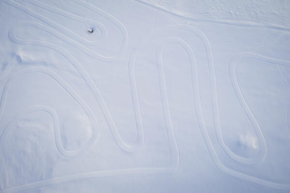 Aerial view of the Monte Farno cross country skiing slopes. Monte Farno, Gandino, Valgandino, Val Seriana, Bergamo province, Lombardy, Italy.