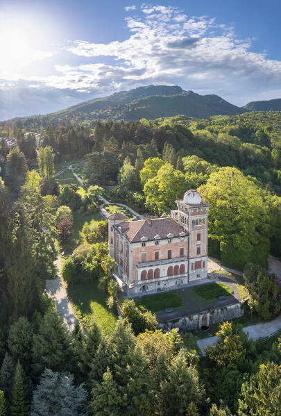 Spring sunset over Villa Toeplitz and its gardens. Varese, Lombardy, Italy.