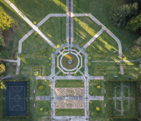 Bird's eye view of Villa Toeplitz gardens and fountains. Varese, Lombardy, Italy.