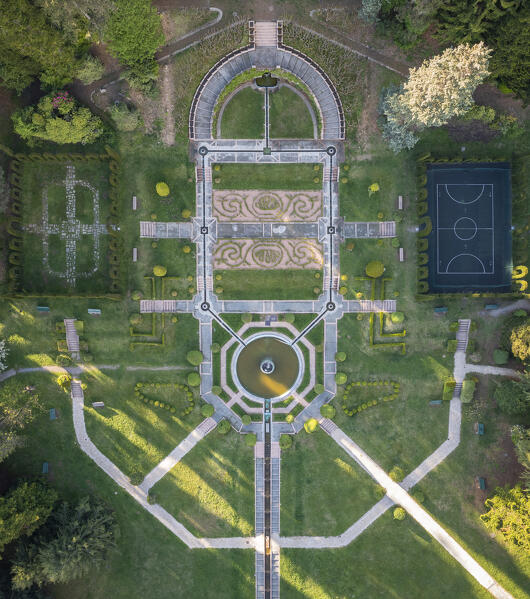 Bird's eye view of Villa Toeplitz gardens and fountains. Varese, Lombardy, Italy.