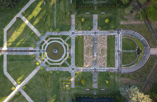 Bird's eye view of Villa Toeplitz gardens and fountains. Varese, Lombardy, Italy.