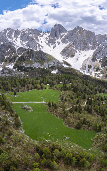 Aerial view of the Campelli di Schilpario and Cimone della Bagozza during spring time. Schilpario, Val di Scalve, Bergamo district, Lombardy, Italy, Southern Europe.