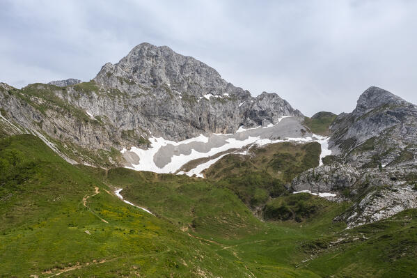 Aerial view of the Corna Piana mountain during spring time. Valcanale, Ardesio, Val Seriana, Bergamo district, Lombardy, Italy, Southern Europe.